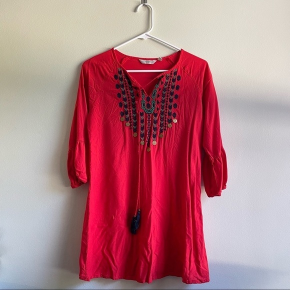 L- MAX Red Mini Dress Embroidery Floral Design Bright Colorful Cultural Boho - Picture 1 of 5